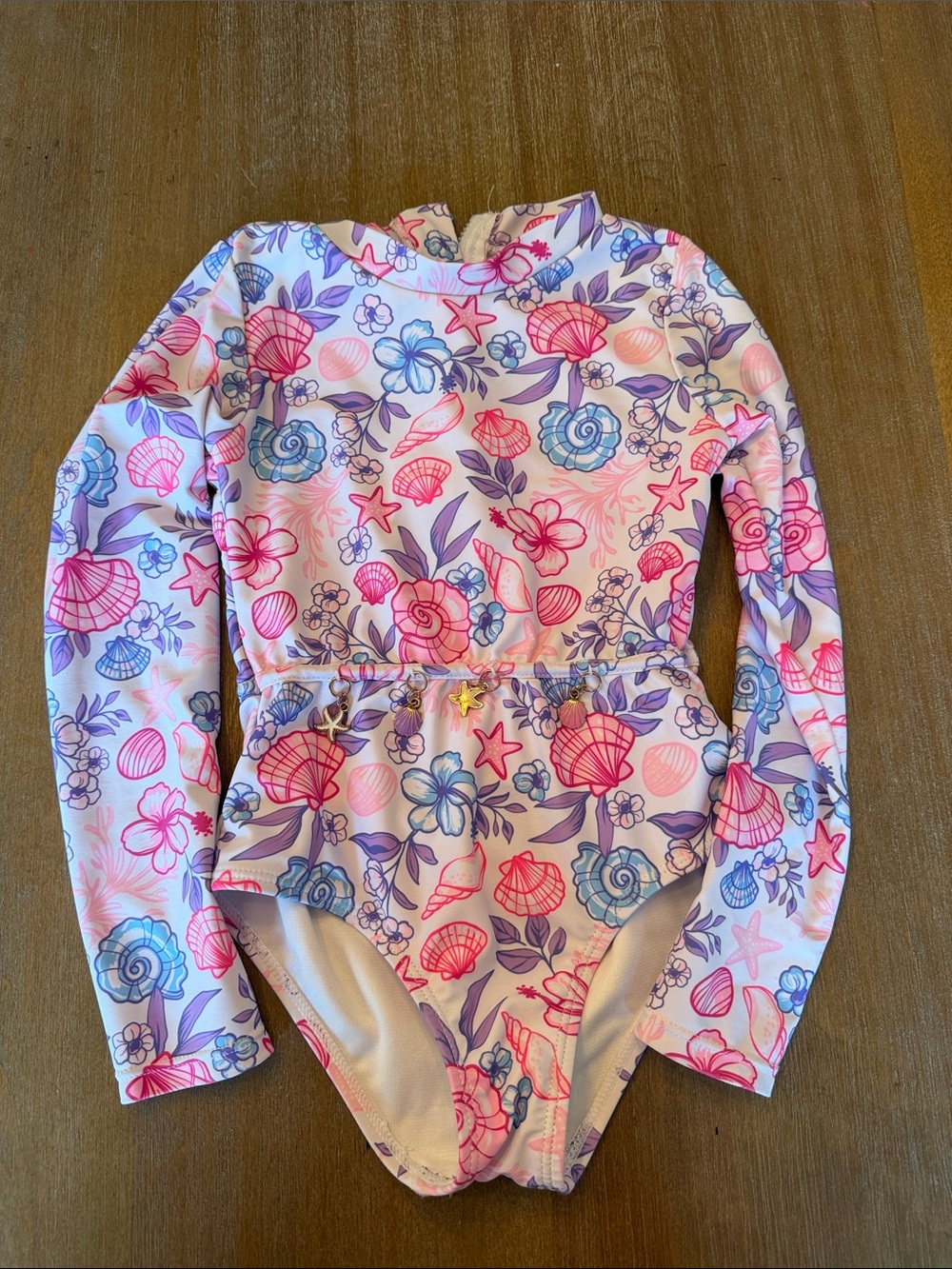 Tahari Pink & Purple Shell Floral Long-Sleeve One-Piece Swim